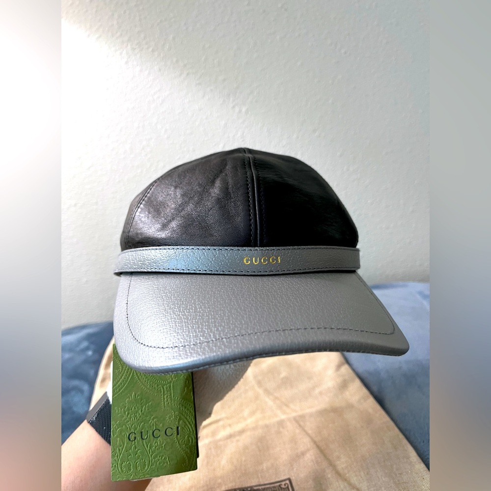 BRAND NEW Gucci Diana Leather Lambskin Baseball Cap Black/Grey Size M 57cm